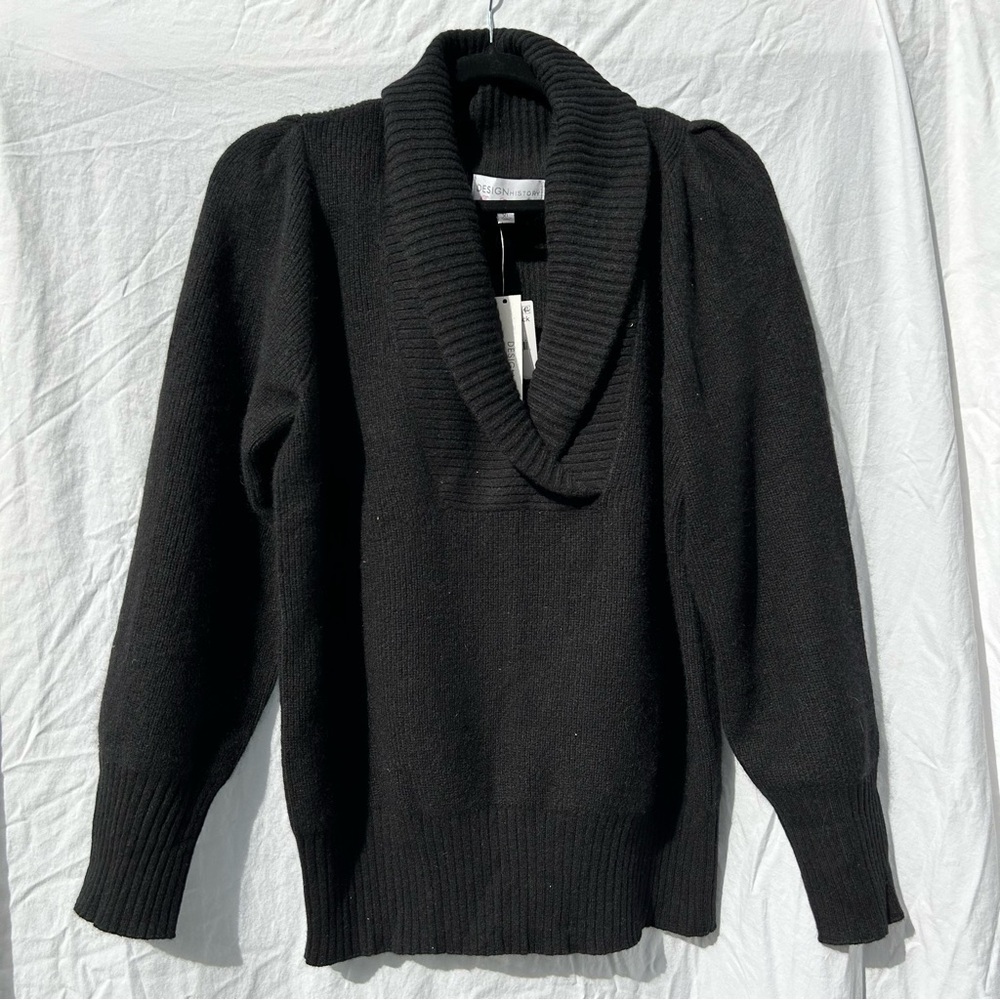 Design History Black Shawl Collar Puff Sleeve Sweater